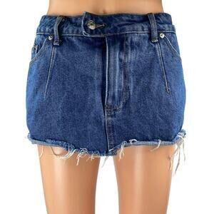 Edikted Women's Blue Frayed Raw Hem Distressed Mini Denin Jeans Skirt Skort Sz L